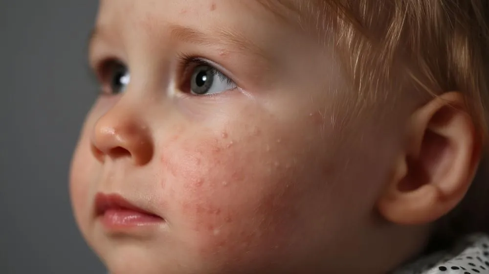 Close-up of an infant's cheek showing small red bumps scattered across the skin.
