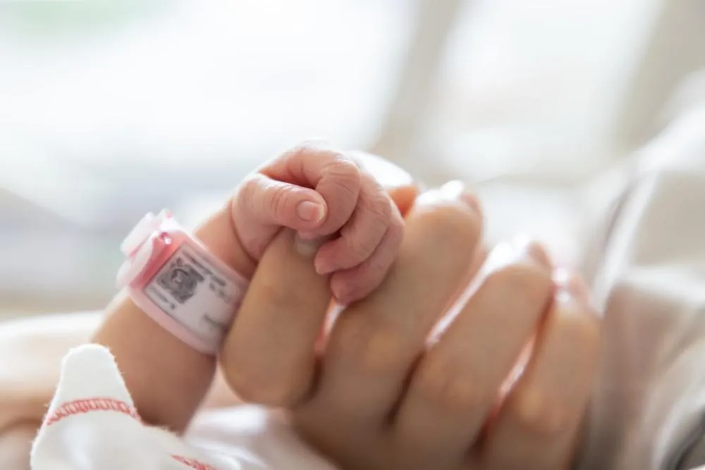A newborn's hand grips an adult's finger, a pink hospital identification band around the baby's wrist.