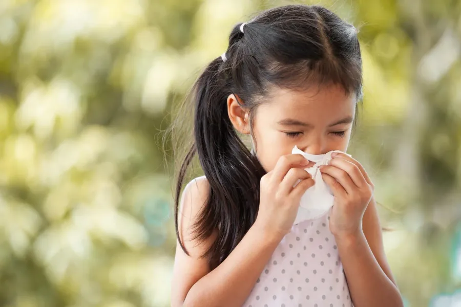 A young girl with dark hair in pigtails blowing her nose into a tissue outdoors.