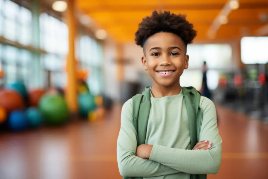 A smiling boy in a green hooded top stands with his arms folded in a school gymnasium.